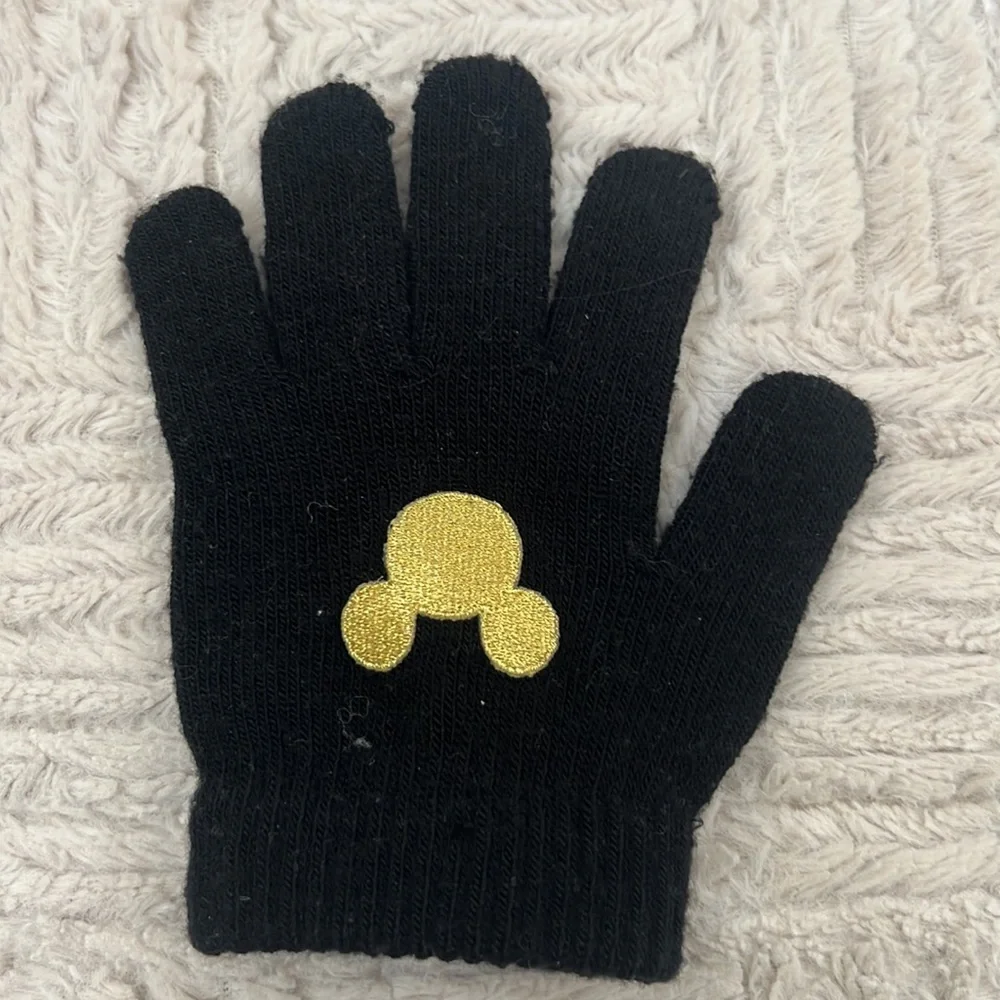 Black stretch knit gloves with gold color embroidered Mickey Mouse One size